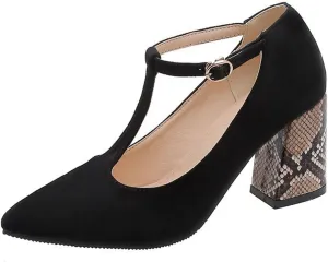 YHTootW 40/46 Plus Size Women's Chunky Heel Shoes 2022 Spring New Single Shoes Snake Print T-Strap High Heels Professional Crystals Splicing Heel