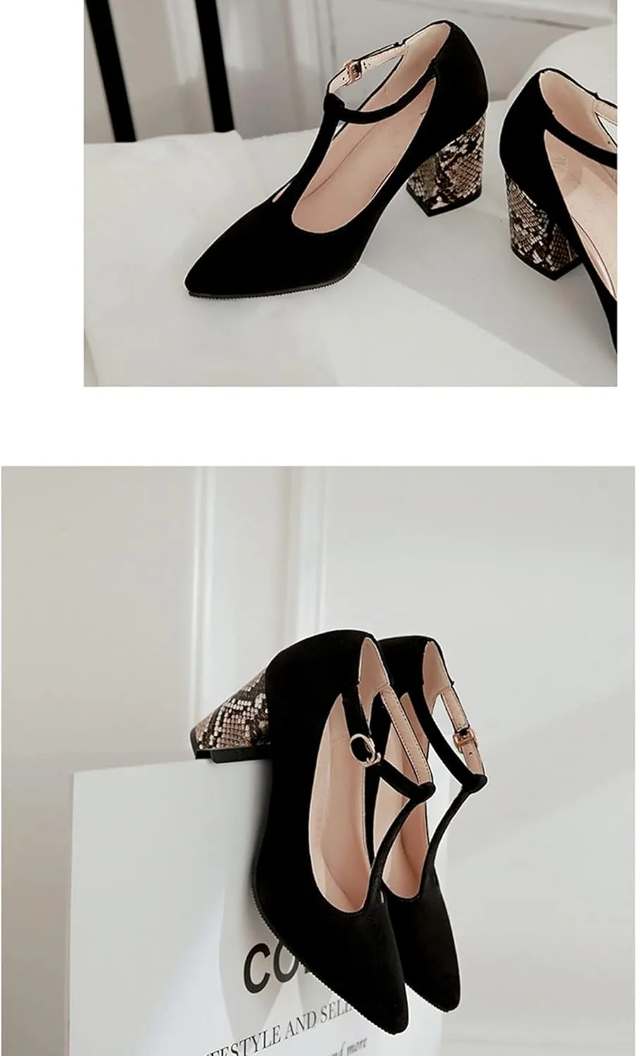 YHTootW 40/46 Plus Size Women's Chunky Heel Shoes 2022 Spring New Single Shoes Snake Print T-Strap High Heels Professional Crystals Splicing Heel