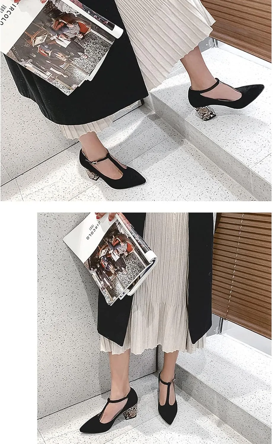 YHTootW 40/46 Plus Size Women's Chunky Heel Shoes 2022 Spring New Single Shoes Snake Print T-Strap High Heels Professional Crystals Splicing Heel