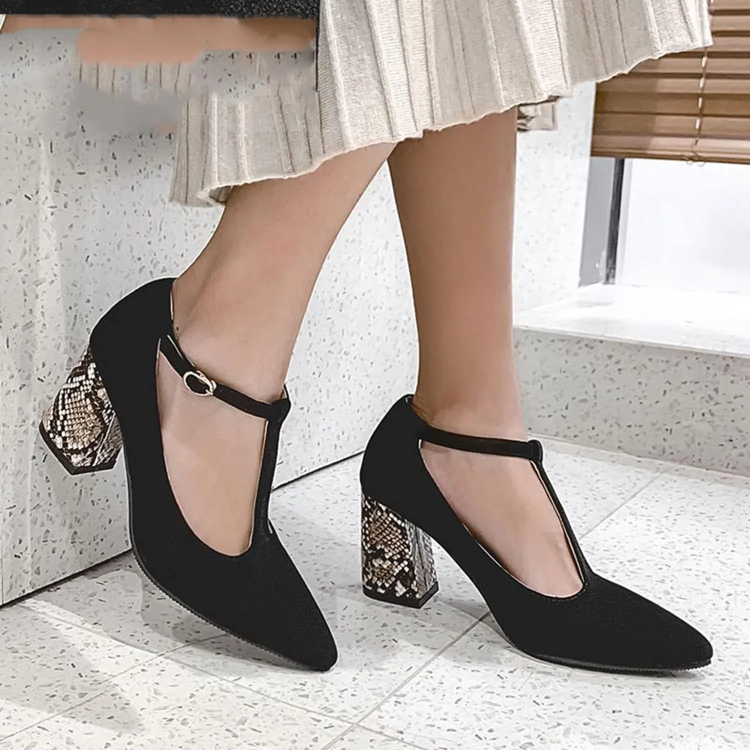 YHTootW 40/46 Plus Size Women's Chunky Heel Shoes 2022 Spring New Single Shoes Snake Print T-Strap High Heels Professional Crystals Splicing Heel
