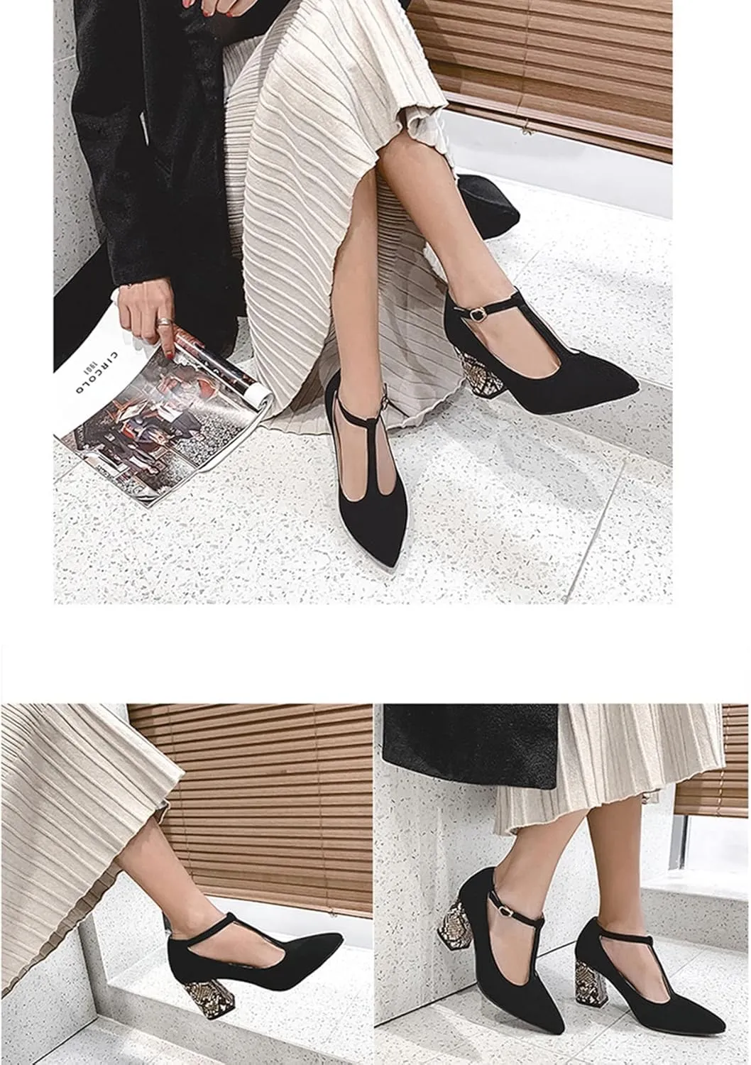 YHTootW 40/46 Plus Size Women's Chunky Heel Shoes 2022 Spring New Single Shoes Snake Print T-Strap High Heels Professional Crystals Splicing Heel