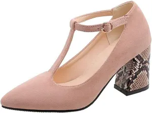 YHTootW 40/46 Plus Size Women's Chunky Heel Shoes 2022 Spring New Single Shoes Snake Print T-Strap High Heels Professional Crystals Splicing Heel