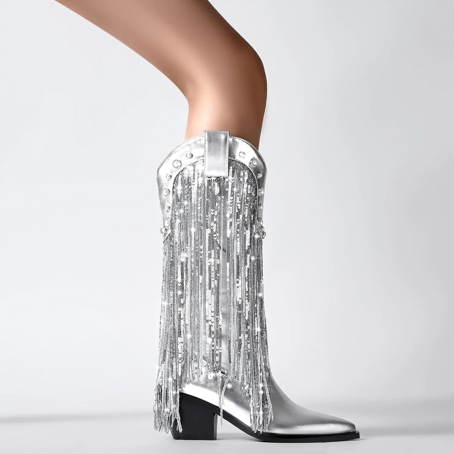 YIYA Women's Sequin Fringe Western Cowboy Boots with Studded Pearl Metallic Tassel Cowgirl Mid Calf Boots Pointed Toe Chunky Block Heels Zipper Sparkly Pull On Knee High Booties