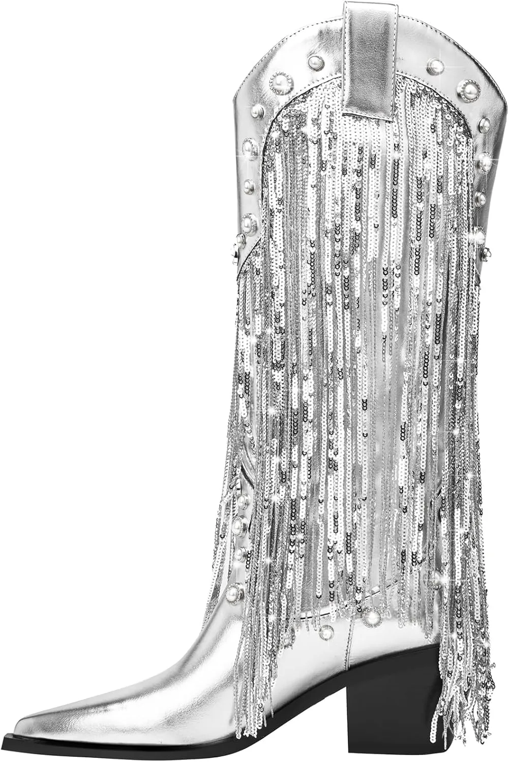 YIYA Women's Sequin Fringe Western Cowboy Boots with Studded Pearl Metallic Tassel Cowgirl Mid Calf Boots Pointed Toe Chunky Block Heels Zipper Sparkly Pull On Knee High Booties