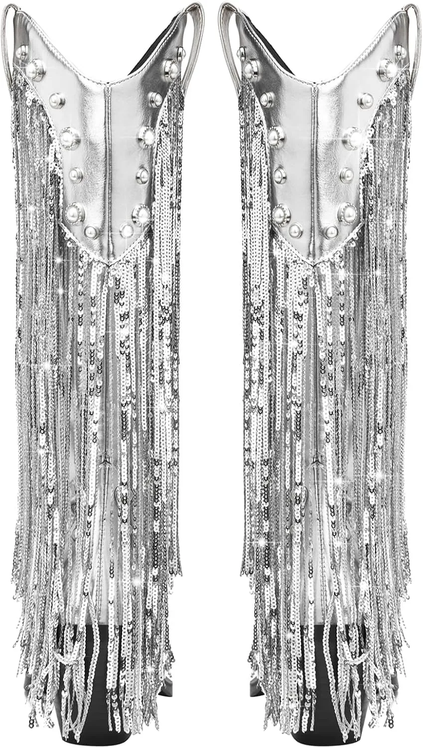 YIYA Women's Sequin Fringe Western Cowboy Boots with Studded Pearl Metallic Tassel Cowgirl Mid Calf Boots Pointed Toe Chunky Block Heels Zipper Sparkly Pull On Knee High Booties