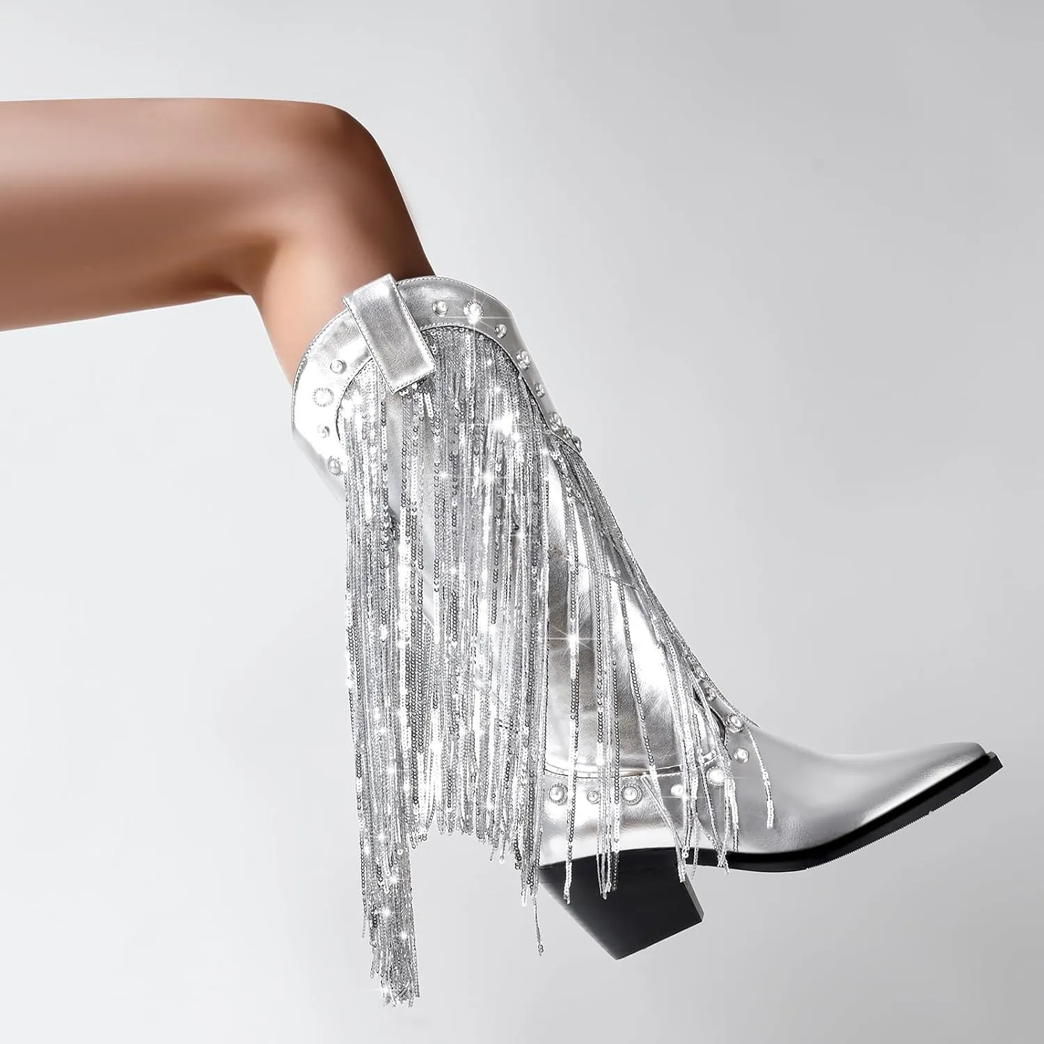 YIYA Women's Sequin Fringe Western Cowboy Boots with Studded Pearl Metallic Tassel Cowgirl Mid Calf Boots Pointed Toe Chunky Block Heels Zipper Sparkly Pull On Knee High Booties