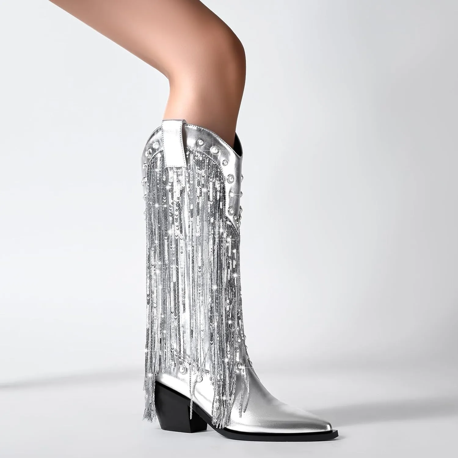 YIYA Women's Sequin Fringe Western Cowboy Boots with Studded Pearl Metallic Tassel Cowgirl Mid Calf Boots Pointed Toe Chunky Block Heels Zipper Sparkly Pull On Knee High Booties