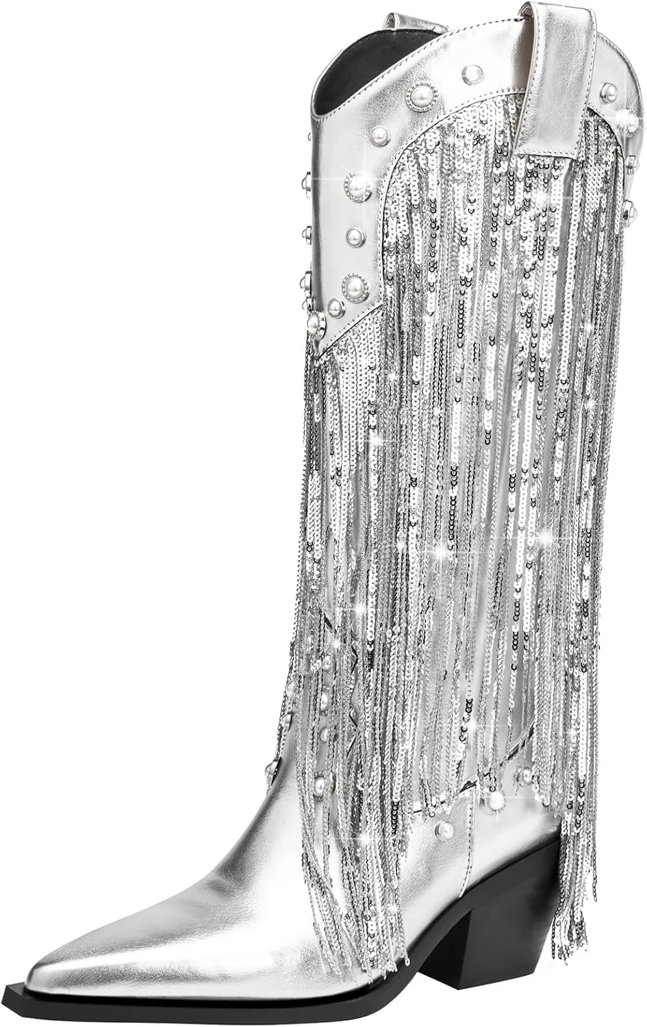 YIYA Women's Sequin Fringe Western Cowboy Boots with Studded Pearl Metallic Tassel Cowgirl Mid Calf Boots Pointed Toe Chunky Block Heels Zipper Sparkly Pull On Knee High Booties