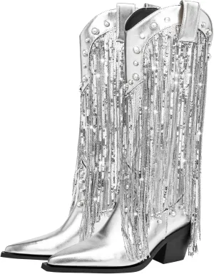 YIYA Women's Sequin Fringe Western Cowboy Boots with Studded Pearl Metallic Tassel Cowgirl Mid Calf Boots Pointed Toe Chunky Block Heels Zipper Sparkly Pull On Knee High Booties