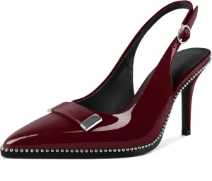 YODEKS Slingback Heels for Women Closed Pointed Toe Stiletto Beaded Studded High Heel Pumps Metal Buckle Black Lining Shoes 3.5 Inch for Wedding Party Business Burgundy Patent US Size 9