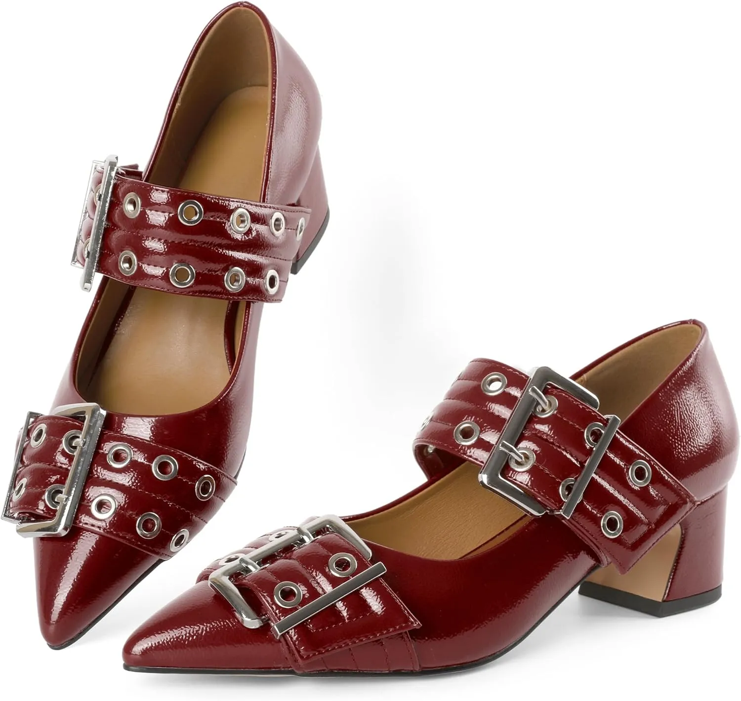 YODEKS Women Low Block Heel Pumps 2 Inch Heels Pointed Toe Eyelets Belt Strap Buckle Shoes Size 6-12