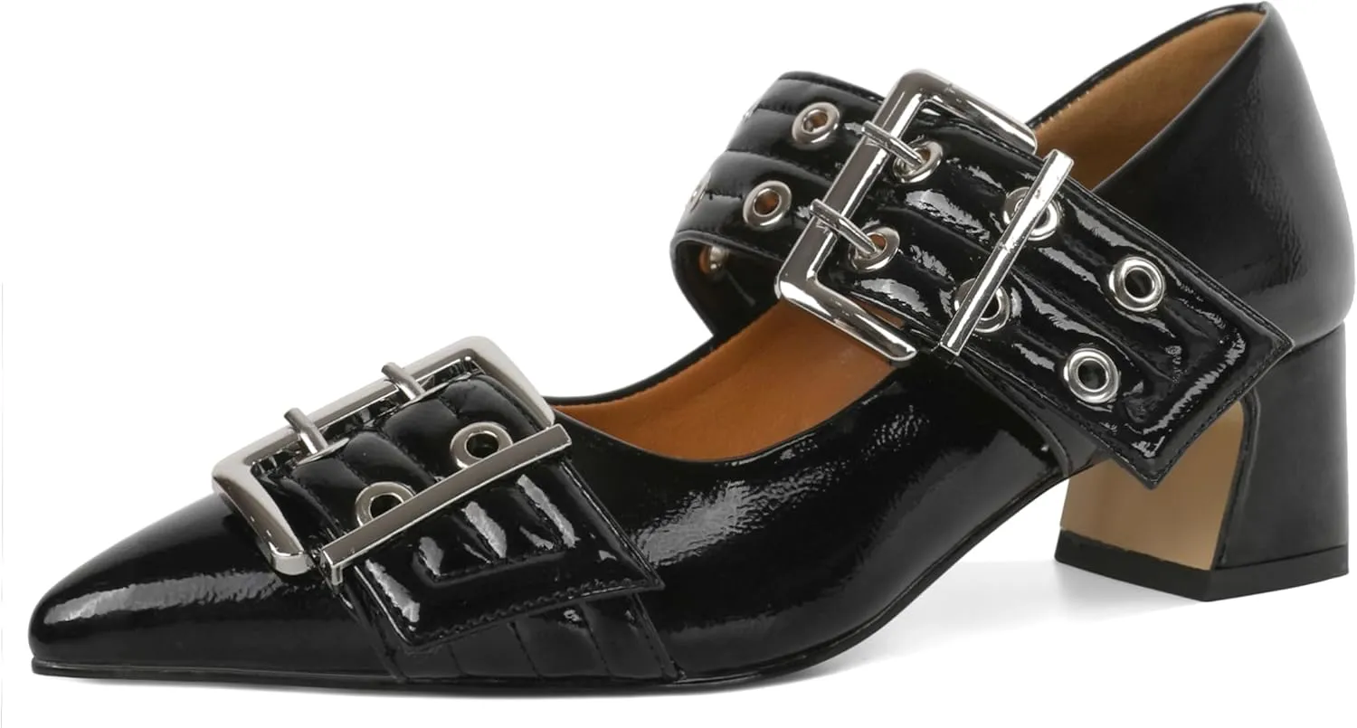 YODEKS Women Low Block Heel Pumps 2 Inch Heels Pointed Toe Eyelets Belt Strap Buckle Shoes Size 6-12