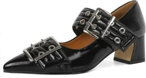 YODEKS Women Low Block Heel Pumps 2 Inch Heels Pointed Toe Eyelets Belt Strap Buckle Shoes Size 6-12