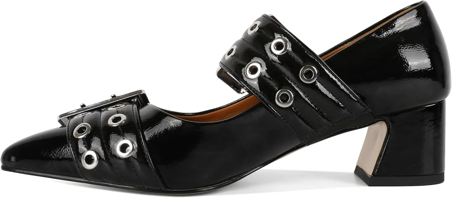 YODEKS Women Low Block Heel Pumps 2 Inch Heels Pointed Toe Eyelets Belt Strap Buckle Shoes Size 6-12