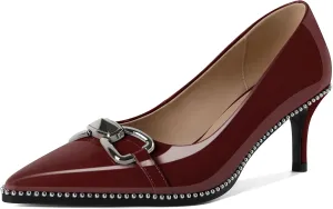 YODEKS Women Low Kitten Heel Pumps Slip On 2.5 Inch Pointed Toe Beaded Metal Buckle Shoes Size 5-13