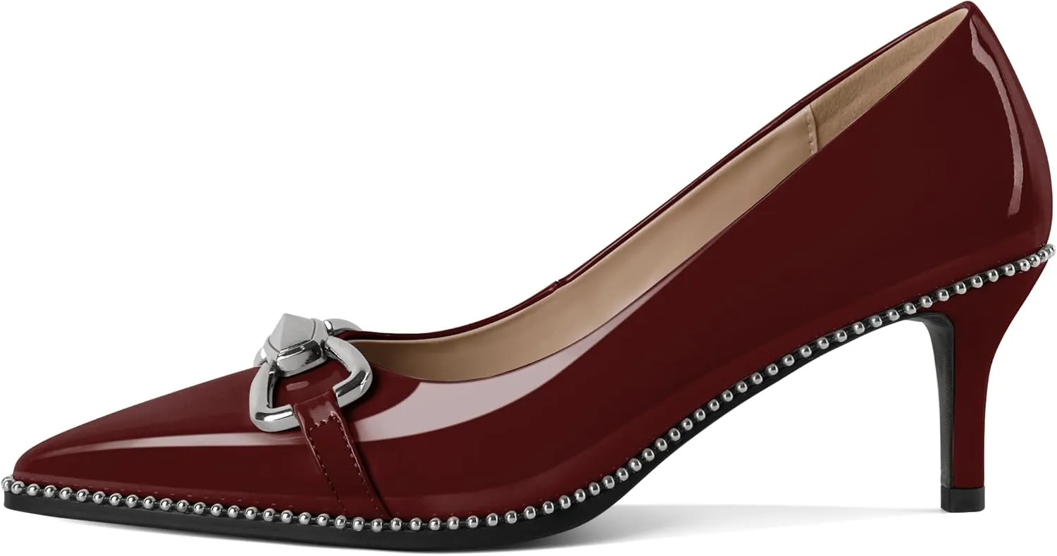 YODEKS Women Low Kitten Heel Pumps Slip On 2.5 Inch Pointed Toe Beaded Metal Buckle Shoes Size 5-13