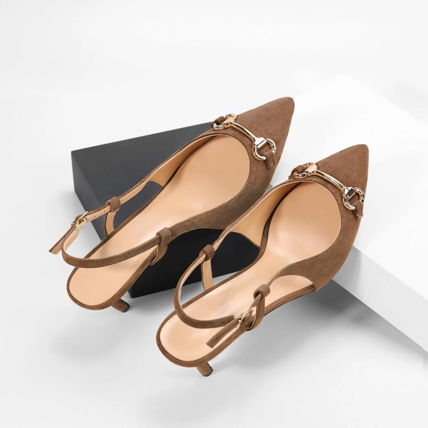 YODEKS Women Slingback Heels Low Kitten Heels Pumps 2.5 Inches Closed Pointed Toe Buckle Comfy Dress Shoes