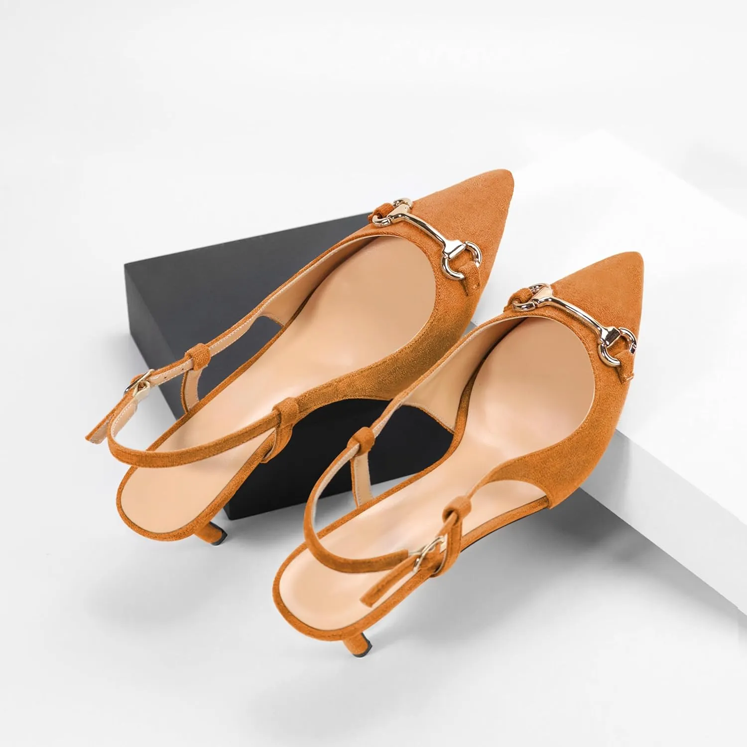 YODEKS Women Slingback Heels Low Kitten Heels Pumps 2.5 Inches Closed Pointed Toe Buckle Comfy Dress Shoes