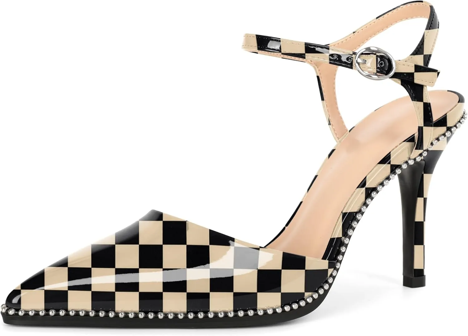 YODEKS Women's Ankle Strap Slingback Heels Pointed Toe Beaded High Heel Pumps 3.5 Inch Shoes Size 5-13
