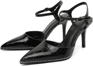 YODEKS Women's Ankle Strap Slingback Heels Pointed Toe Beaded High Heel Pumps 3.5 Inch Shoes Size 5-13