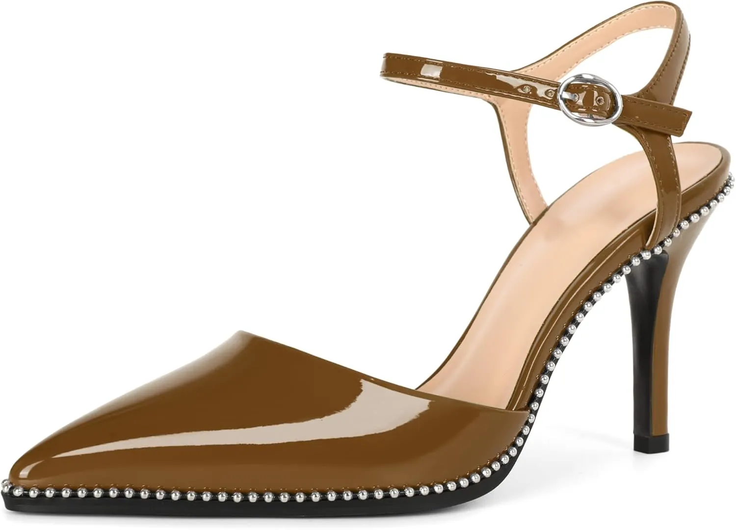 YODEKS Women's Ankle Strap Slingback Heels Pointed Toe Beaded High Heel Pumps 3.5 Inch Shoes Size 5-13