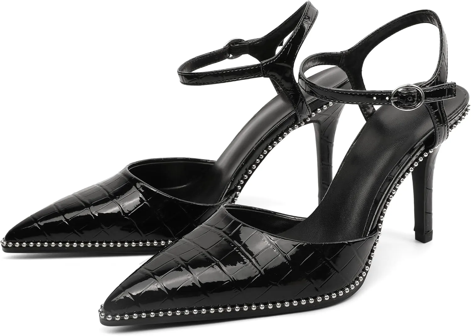 YODEKS Women's Ankle Strap Slingback Heels Pointed Toe Beaded High Heel Pumps 3.5 Inch Shoes Size 5-13