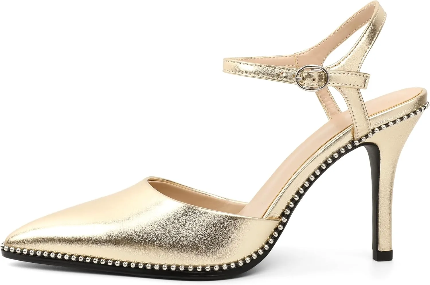 YODEKS Women's Ankle Strap Slingback Heels Pointed Toe Beaded High Heel Pumps 3.5 Inch Shoes Size 5-13