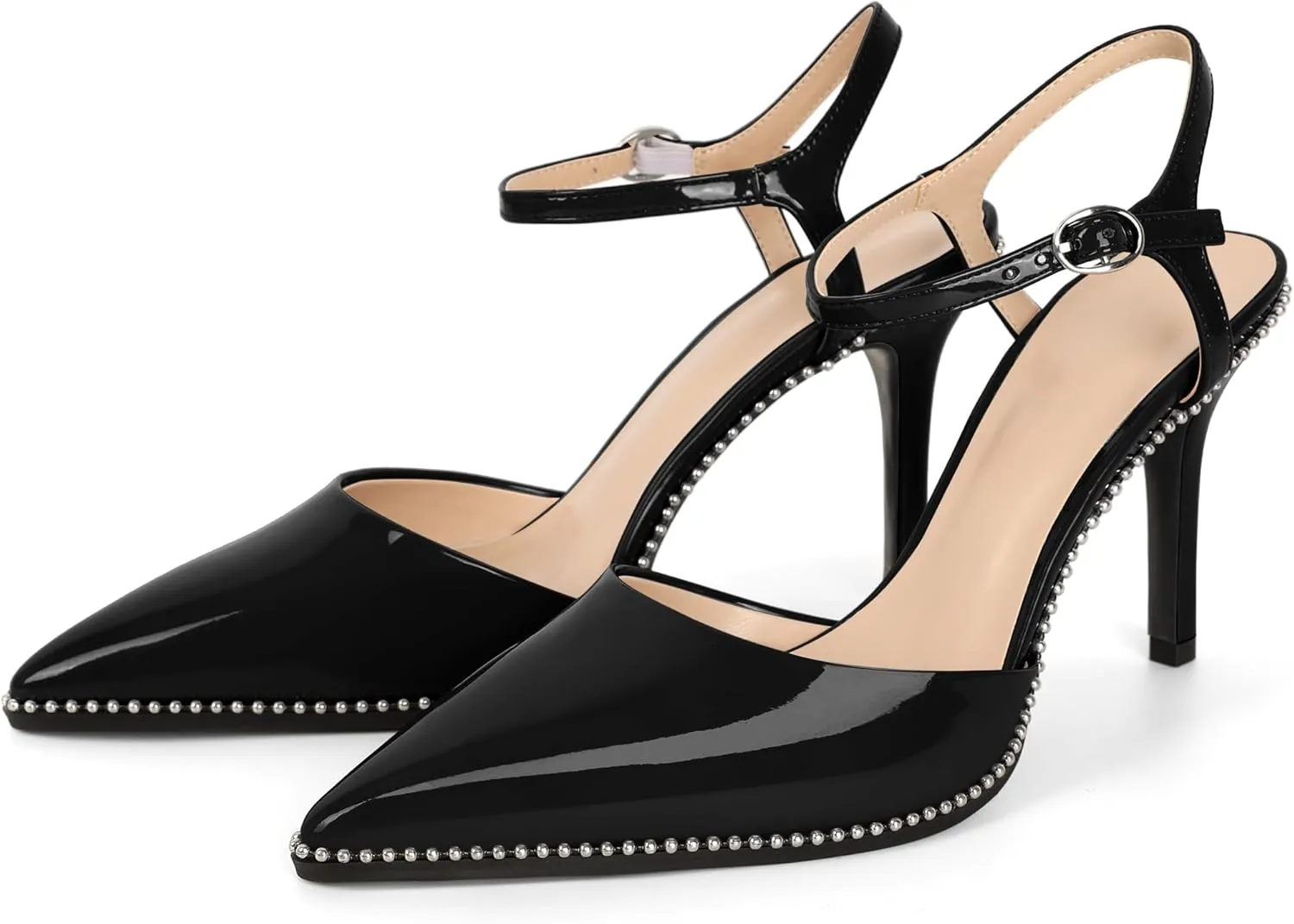 YODEKS Women's Ankle Strap Slingback Heels Pointed Toe Beaded High Heel Pumps 3.5 Inch Shoes Size 5-13