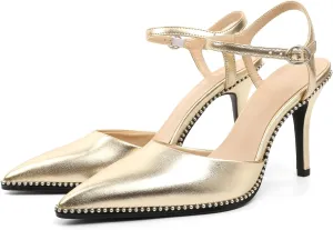 YODEKS Women's Ankle Strap Slingback Heels Pointed Toe Beaded High Heel Pumps 3.5 Inch Shoes Size 5-13