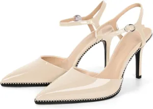 YODEKS Women's Ankle Strap Slingback Heels Pointed Toe Beaded High Heel Pumps 3.5 Inch Shoes Size 5-13