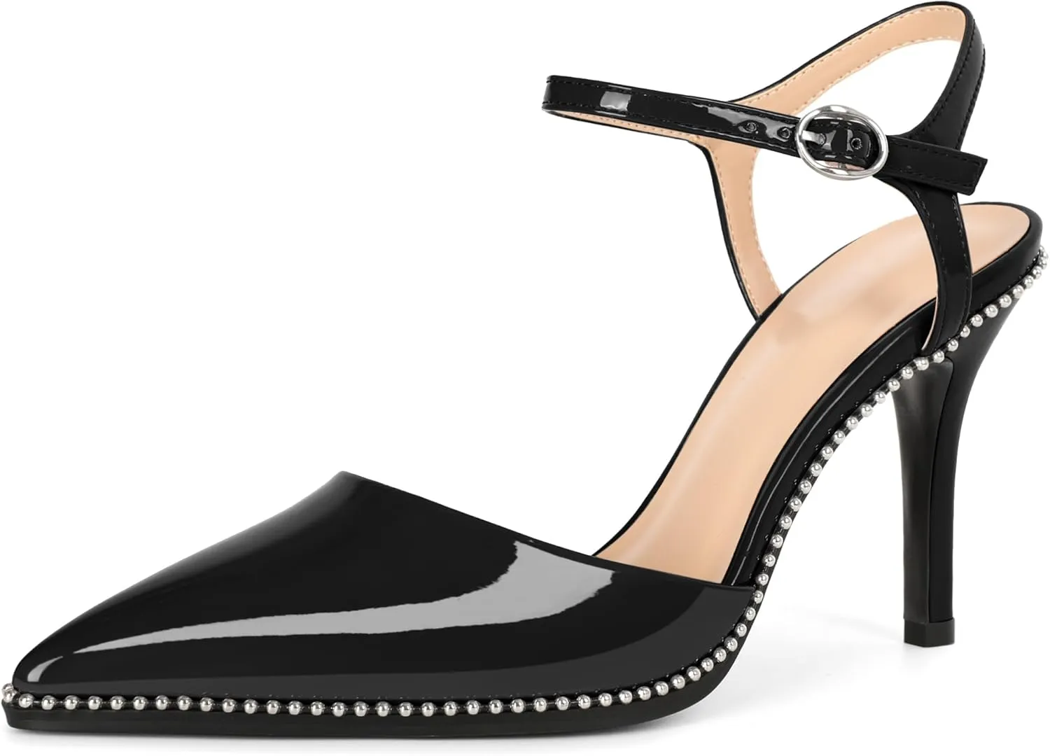 YODEKS Women's Ankle Strap Slingback Heels Pointed Toe Beaded High Heel Pumps 3.5 Inch Shoes Size 5-13
