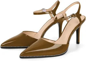 YODEKS Women's Ankle Strap Slingback Heels Pointed Toe Beaded High Heel Pumps 3.5 Inch Shoes Size 5-13