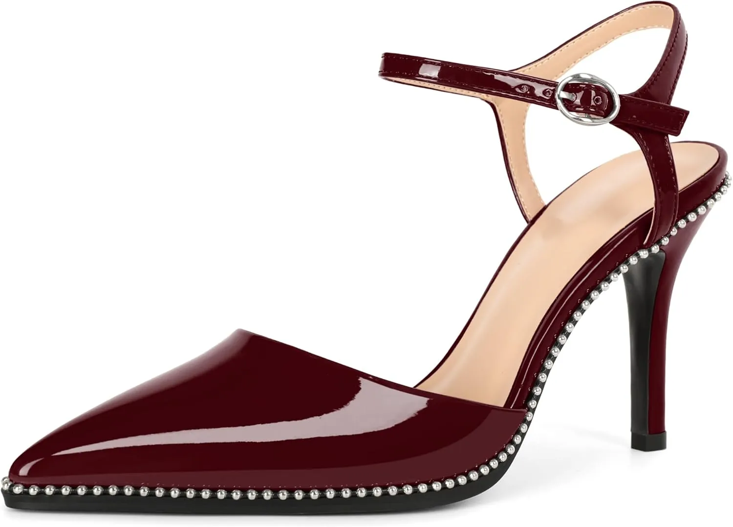 YODEKS Women's Ankle Strap Slingback Heels Pointed Toe Beaded High Heel Pumps 3.5 Inch Shoes Size 5-13