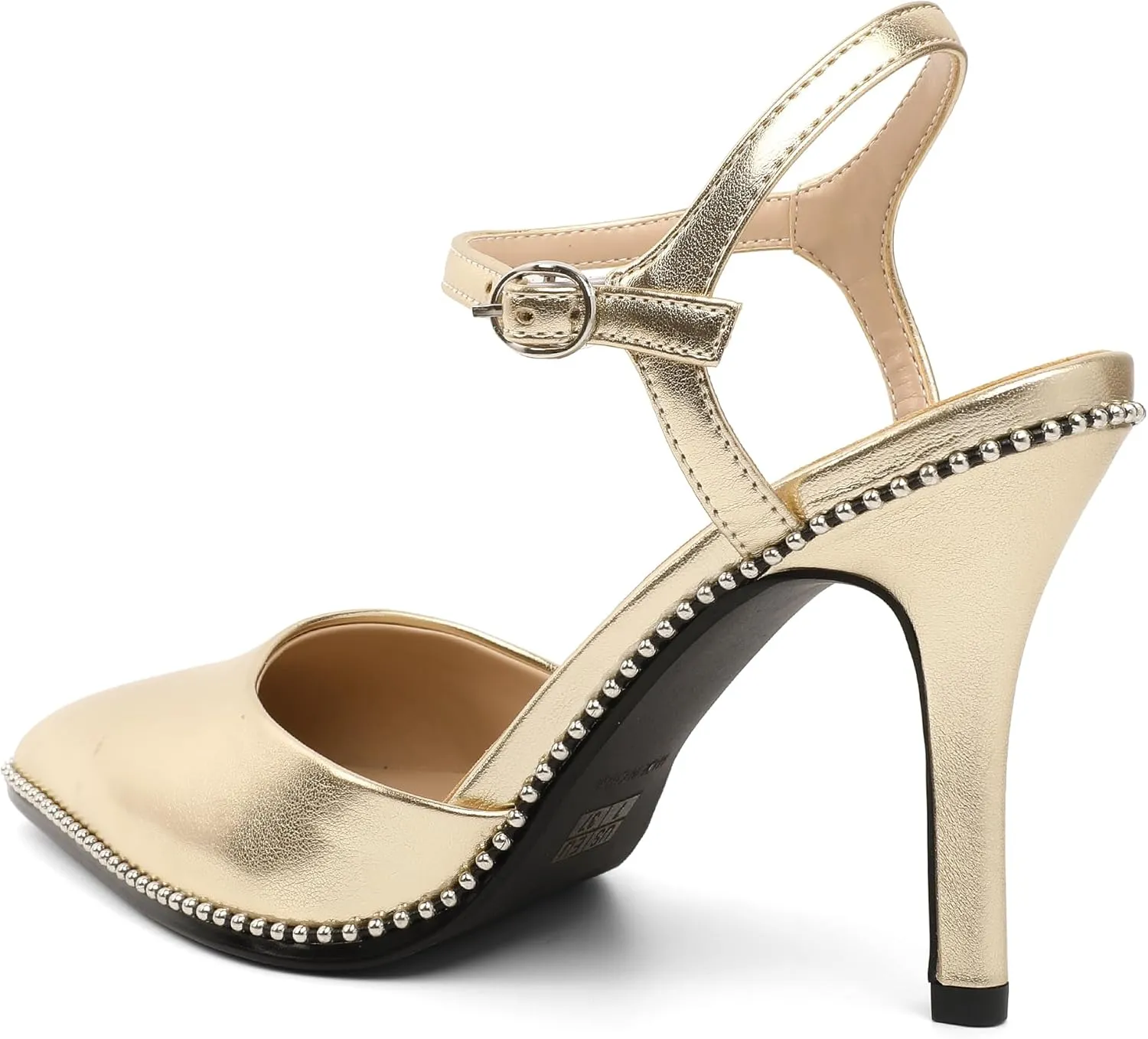 YODEKS Women's Ankle Strap Slingback Heels Pointed Toe Beaded High Heel Pumps 3.5 Inch Shoes Size 5-13