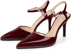 YODEKS Women's Ankle Strap Slingback Heels Pointed Toe Beaded High Heel Pumps 3.5 Inch Shoes Size 5-13