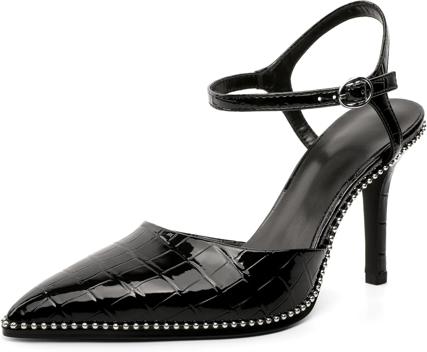 YODEKS Women's Ankle Strap Slingback Heels Pointed Toe Beaded High Heel Pumps 3.5 Inch Shoes Size 5-13