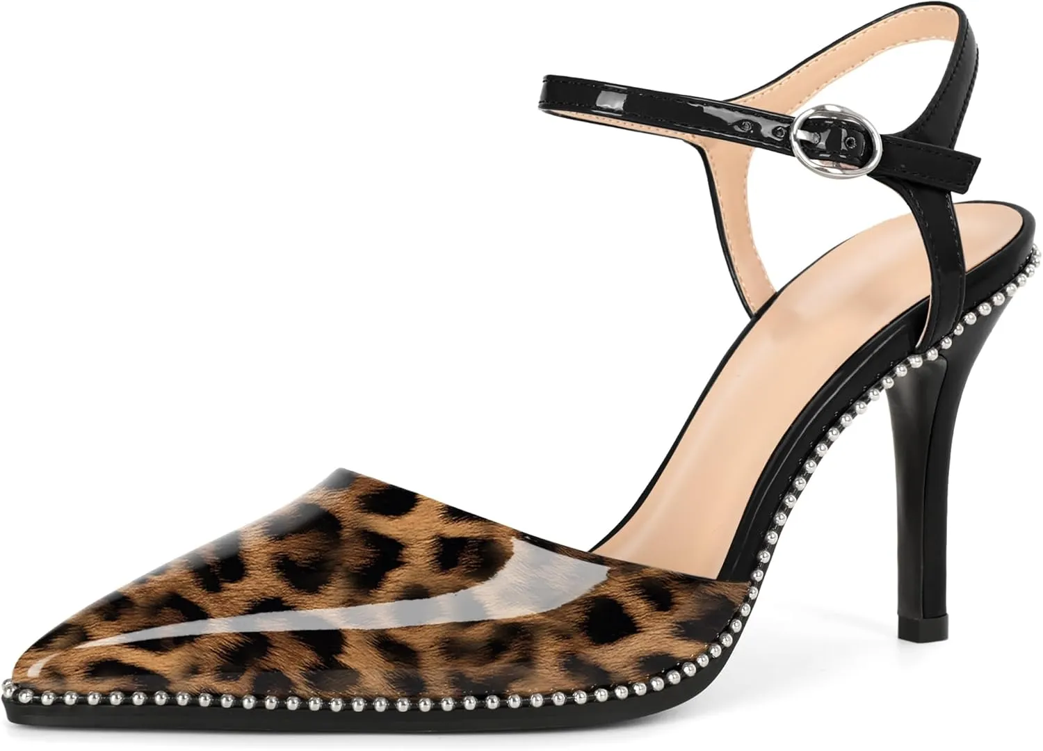 YODEKS Women's Ankle Strap Slingback Heels Pointed Toe Beaded High Heel Pumps 3.5 Inch Shoes Size 5-13