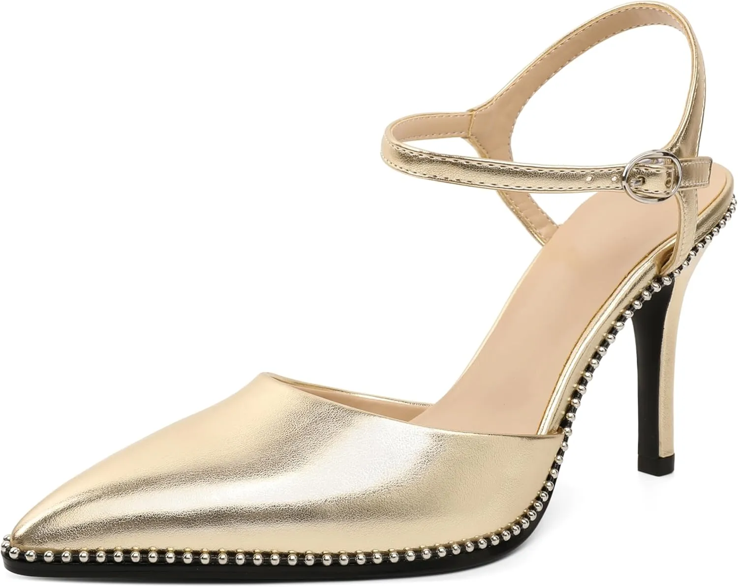 YODEKS Women's Ankle Strap Slingback Heels Pointed Toe Beaded High Heel Pumps 3.5 Inch Shoes Size 5-13