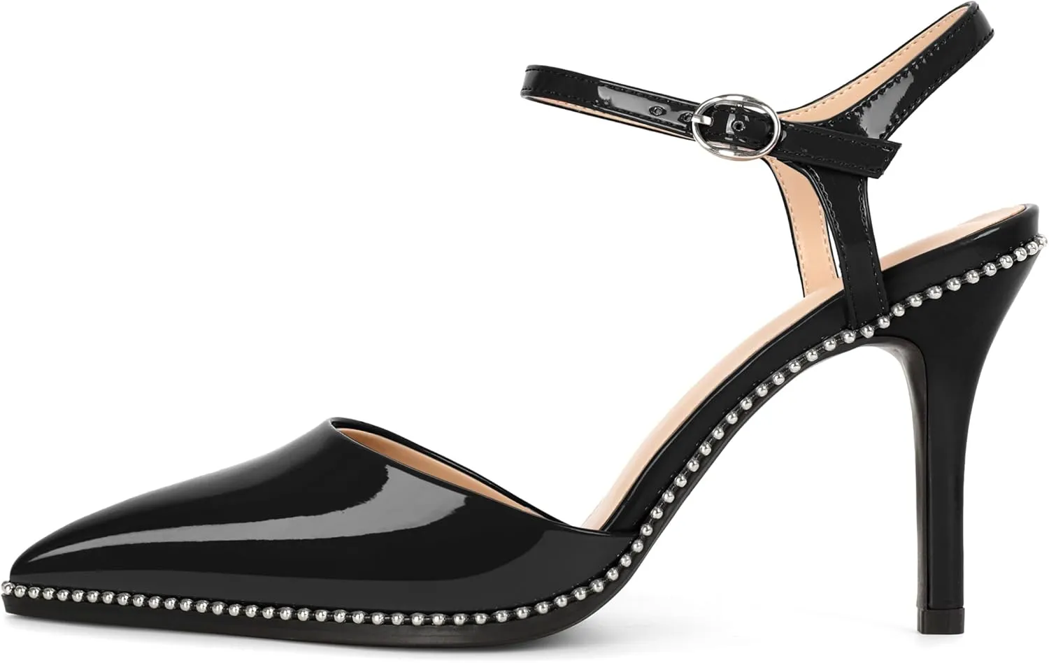 YODEKS Women's Ankle Strap Slingback Heels Pointed Toe Beaded High Heel Pumps 3.5 Inch Shoes Size 5-13