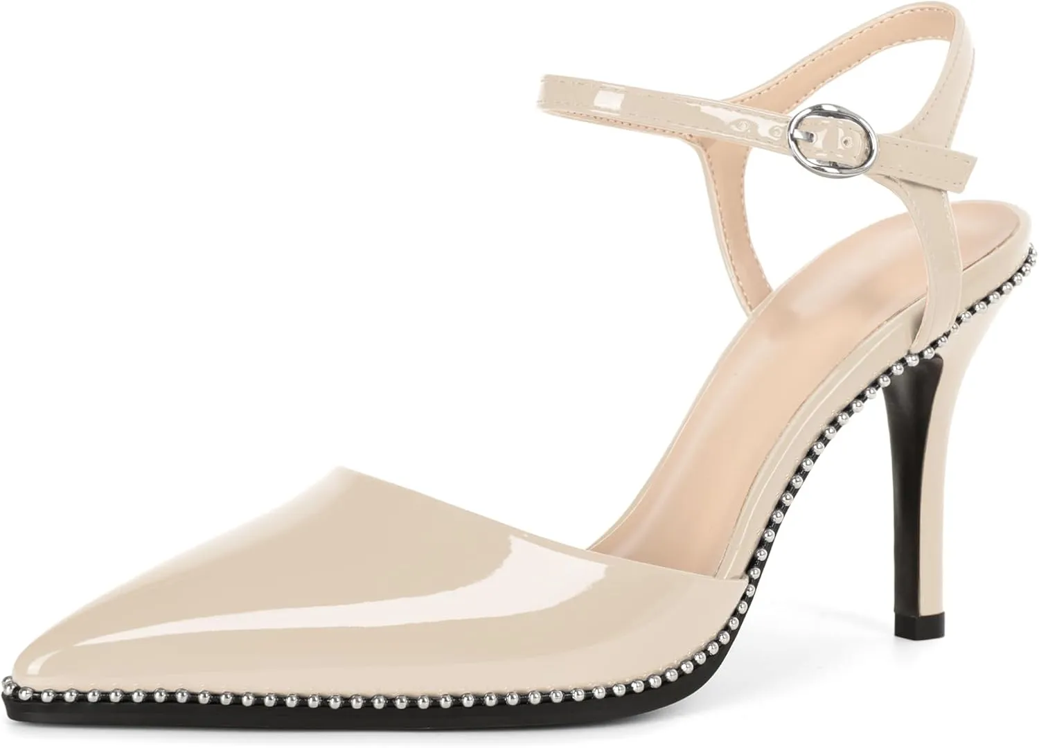 YODEKS Women's Ankle Strap Slingback Heels Pointed Toe Beaded High Heel Pumps 3.5 Inch Shoes Size 5-13