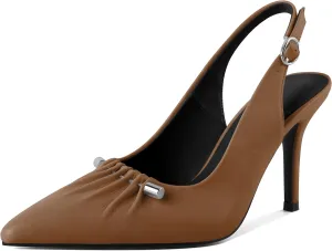 YODEKS Women's Slingback Heels Pointed Toe Beaded Metal Buckle Bar High Heel Pumps 3.5 Inch Shoes US Size 5-13