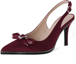 YODEKS Women's Slingback Heels Rhinestone Beaded Pointed Toe Stiletto High Heel Pumps 3.5 Inch Satin Shoes US Size 5-13