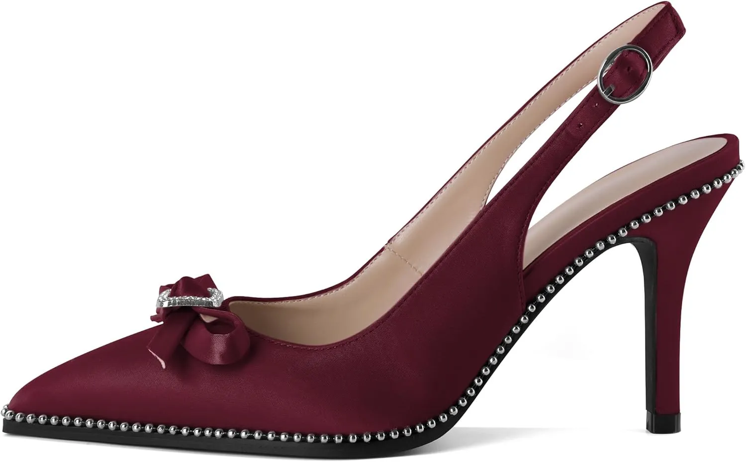 YODEKS Women's Slingback Heels Rhinestone Beaded Pointed Toe Stiletto High Heel Pumps 3.5 Inch Satin Shoes US Size 5-13