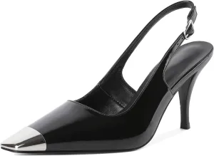 YODEKS Women's Slingback Heels Silver Cap Toe Heels High Heel Pumps 3.5 Inch Two Toned Shoes US Size 5-13
