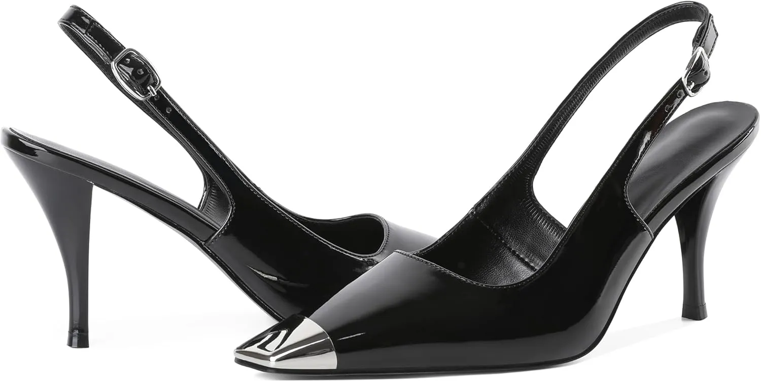 YODEKS Women's Slingback Heels Silver Cap Toe Heels High Heel Pumps 3.5 Inch Two Toned Shoes US Size 5-13