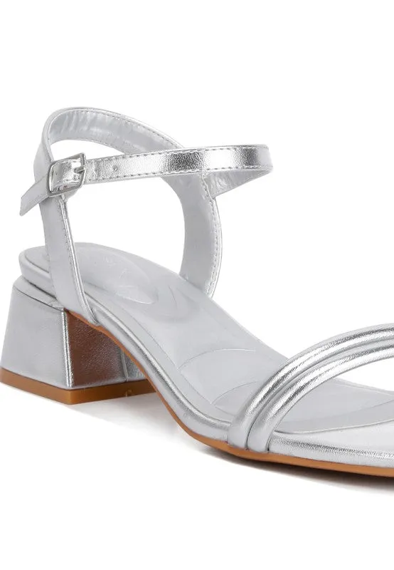 Zabou Metallic Block Heel Sandals – Silver, Ankle Strap, Square Toe