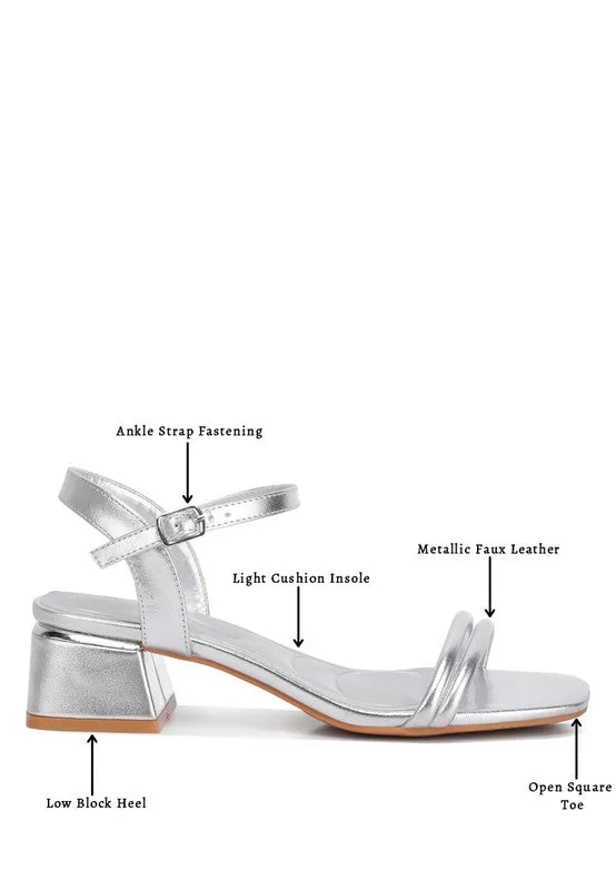 Zabou Metallic Block Heel Sandals – Silver, Ankle Strap, Square Toe