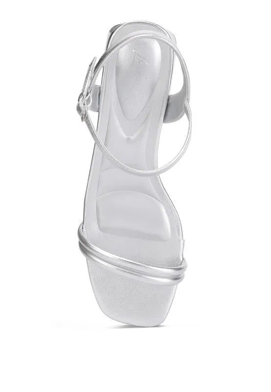 Zabou Metallic Block Heel Sandals – Silver, Ankle Strap, Square Toe