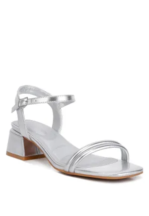 Zabou Metallic Block Heel Sandals – Silver, Ankle Strap, Square Toe