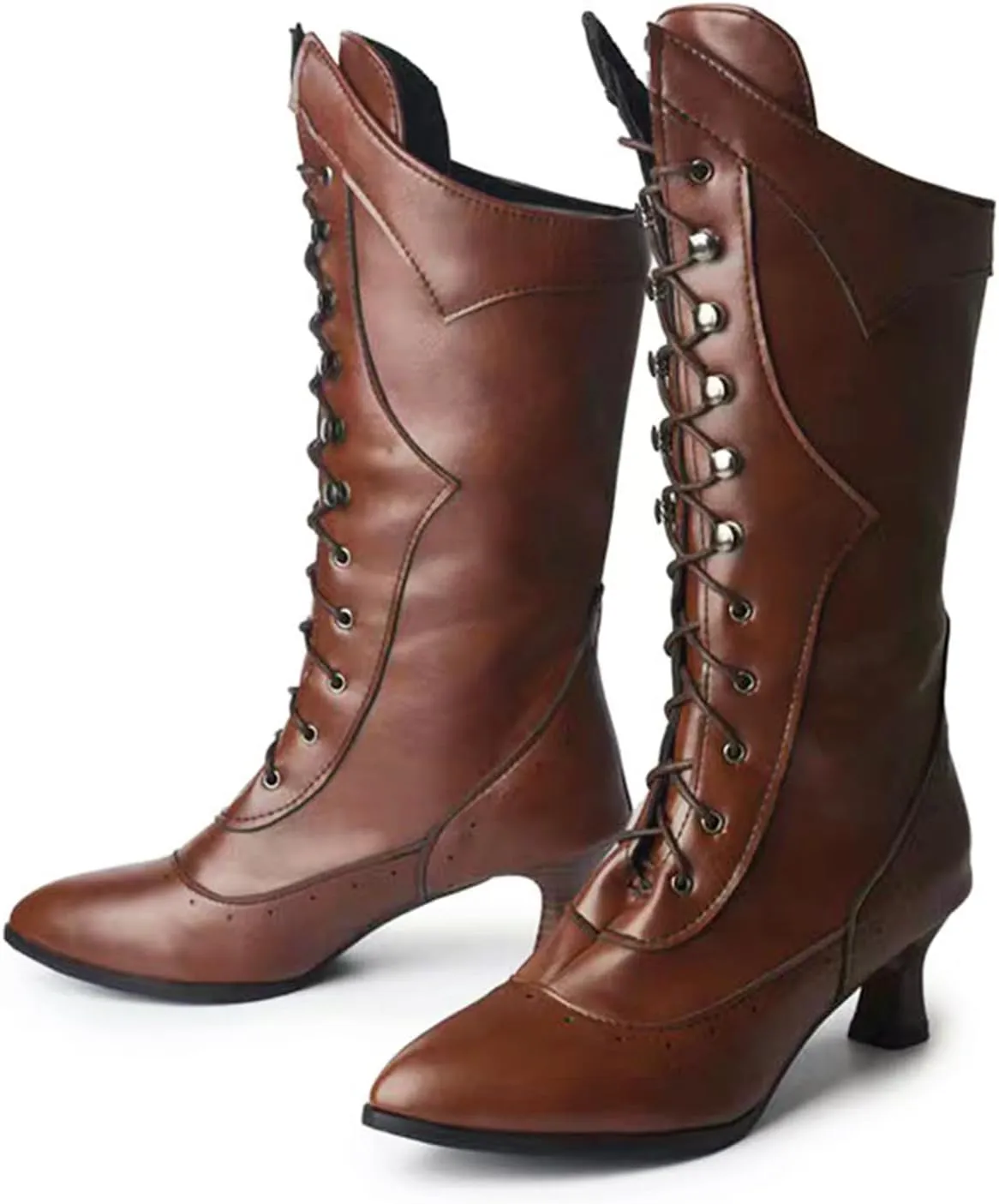 Zeberfi Women's Victorian Lace Up Mid Calf Booties Velvet Lining Fashion Comfortable Gothic Chunky Kitten Heel Witch Costume Boots